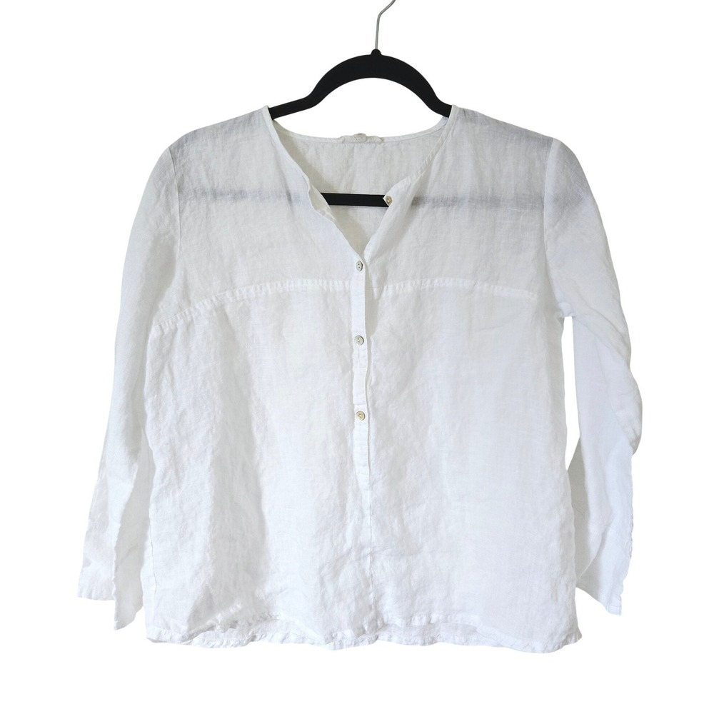 Eileen Fisher Womens Oversized XXS Linen Top White Long Sleeve Boxy Coastal